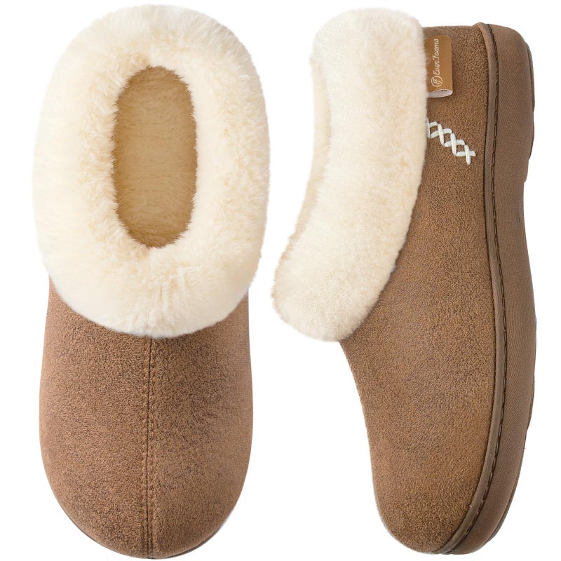 EverFoams Women's Microsuede Cozy Memory Foam Winter Slippers with Fuzzy Faux Fur Collar and Indoor Outdoor Rubber Sole (Tan, Size 11-12 M US) - Image 1